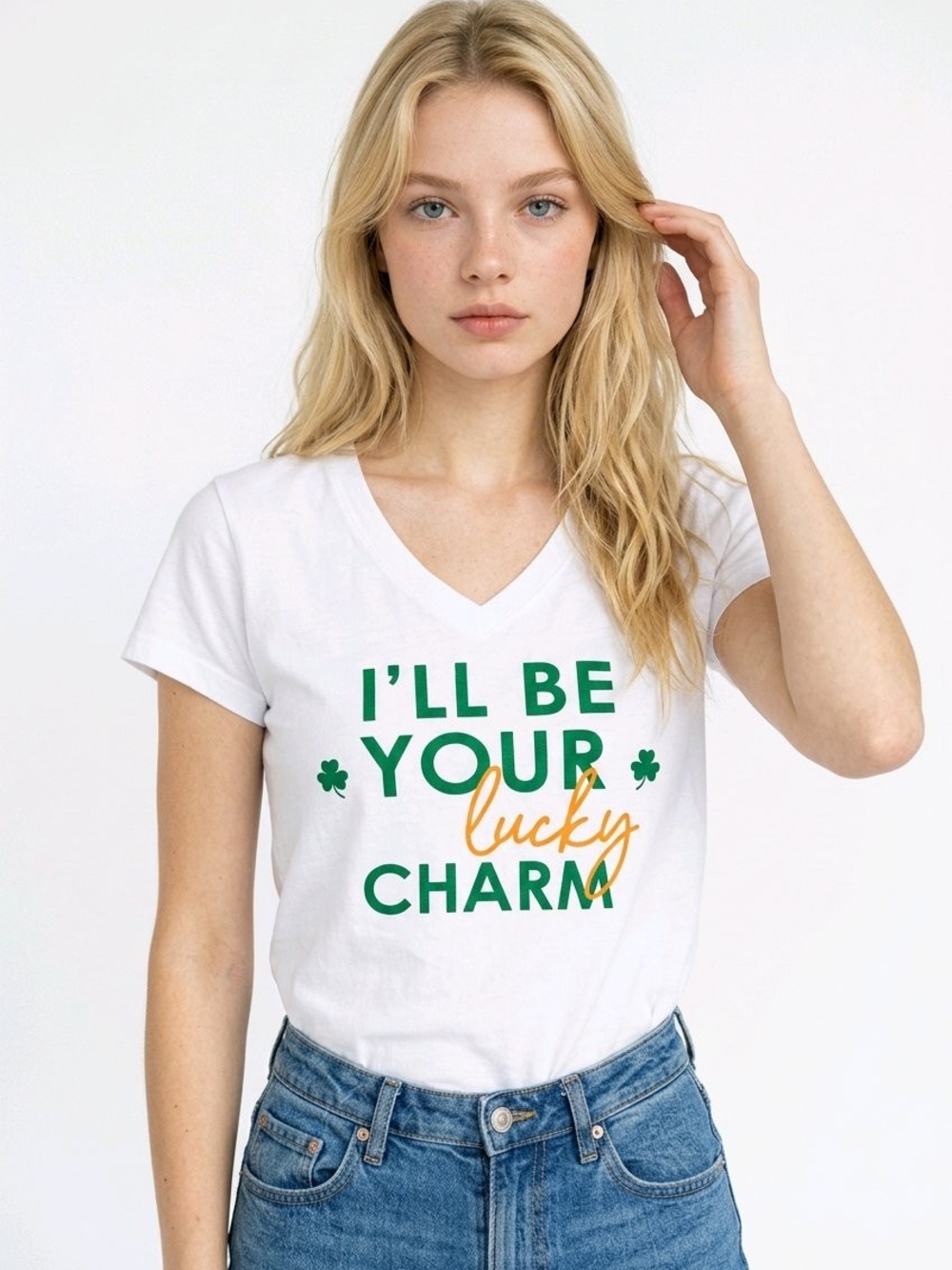 White V-Neck "I'll Be Your Lucky Charm" Graphic Tee